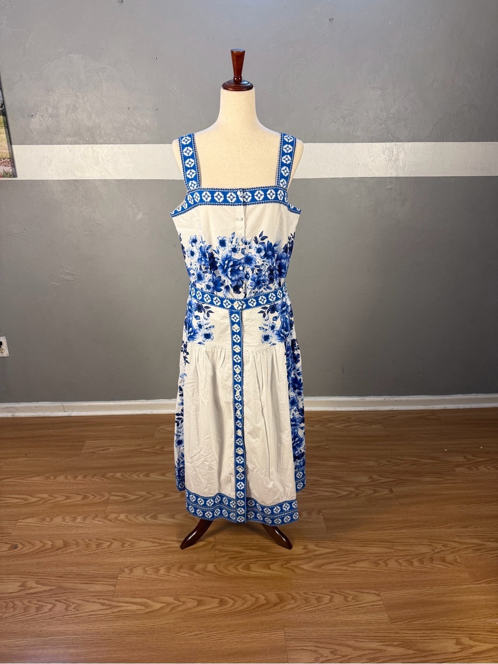 Lands' End Poplin Floral Mosaic Midi Skirt and Top Blue and White